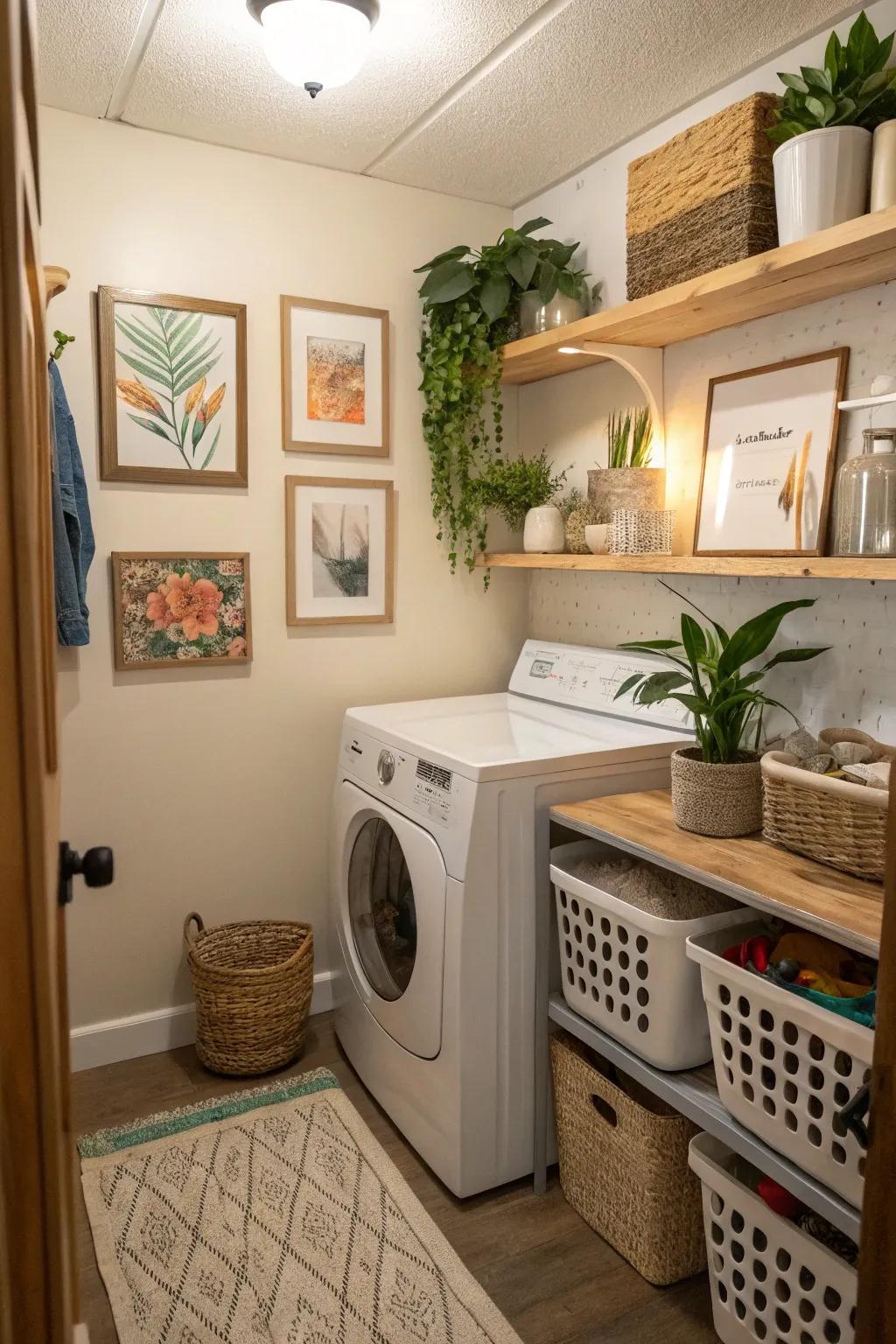 Turn your laundry area into a welcoming space with artwork and plants.