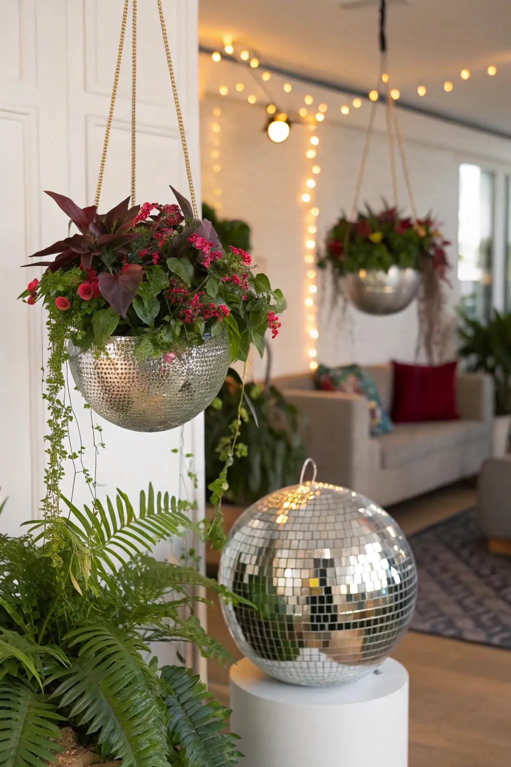 Sphere bloom containers infuse a hint of greenery and radiance to the ornamentation.