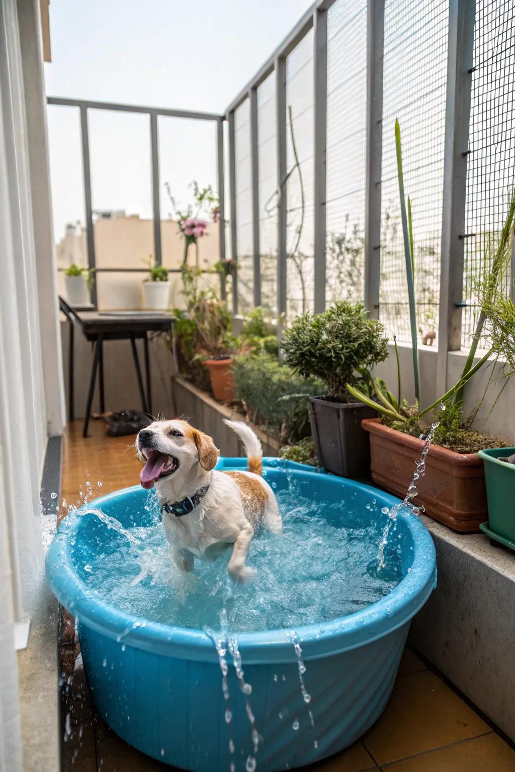 A portable dog pool provides a splash of enjoyment on warm days.
