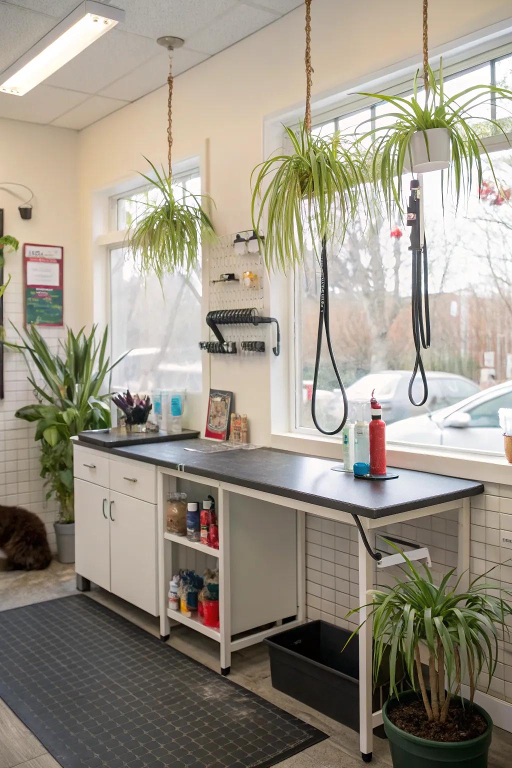 Pet-safe greenery creating a fresh and vibrant salon environment.