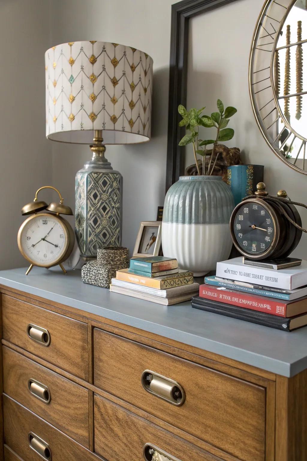 A varied mix imparts distinctive charm to your dresser.