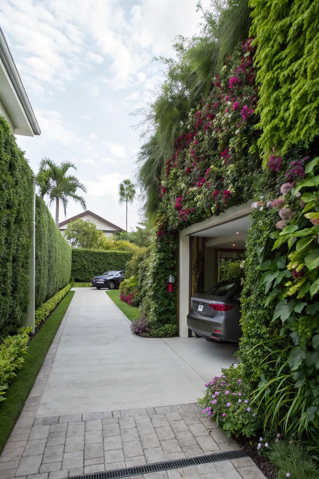 Space saving skyward botanical walls lining the driveway.