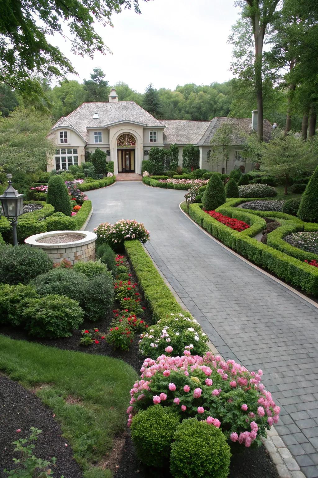 A functional horseshoe driveway featuring a central garden.