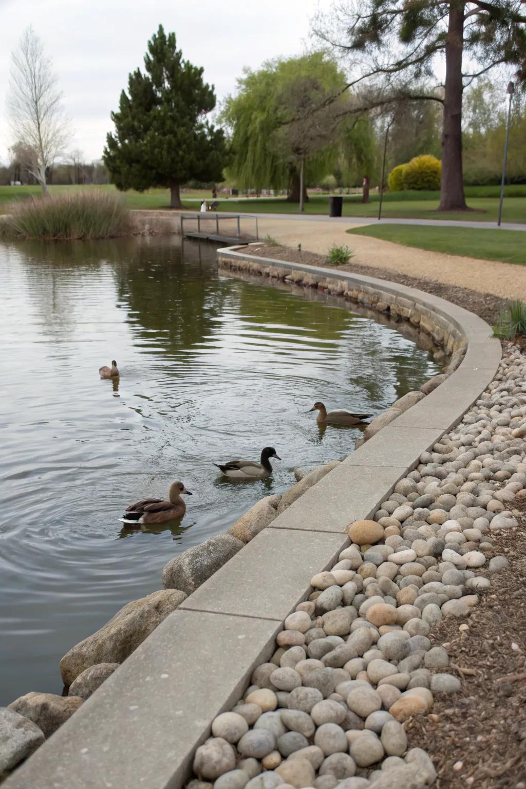 Pebble and cement outlining delivers a refined aesthetic around ponds.
