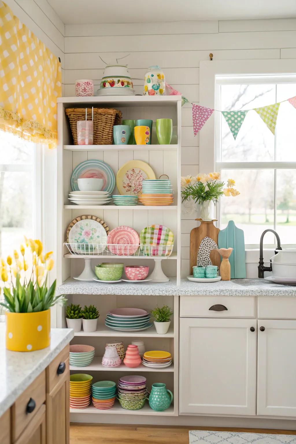 Easter-inspired ware embellishes bare shelves.