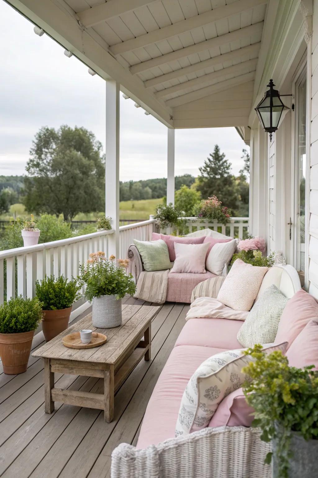 Light-toned cushions offer comfort and seasonal style.