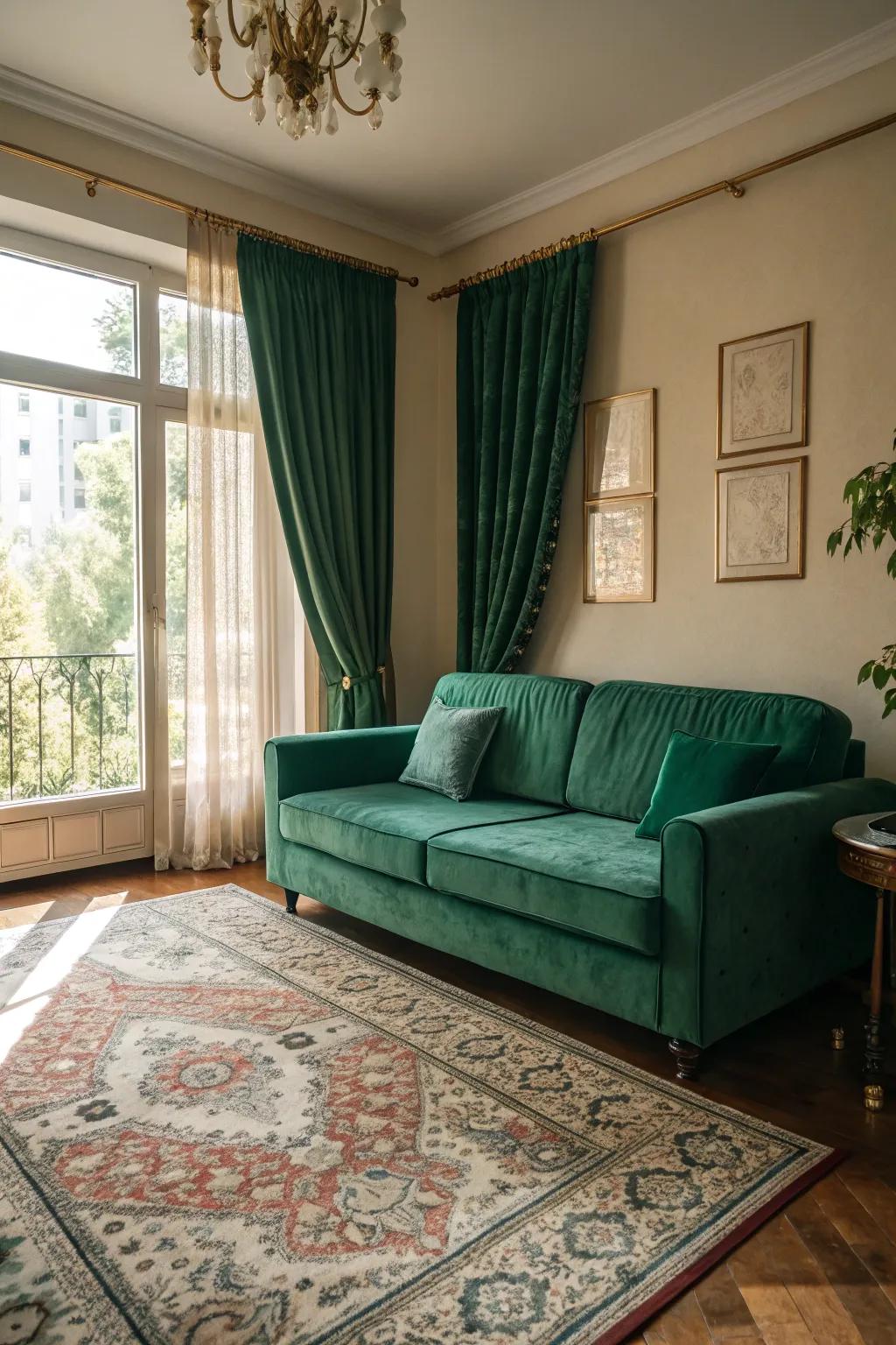 Patterned features add dimension to an emerald green sofa setting.