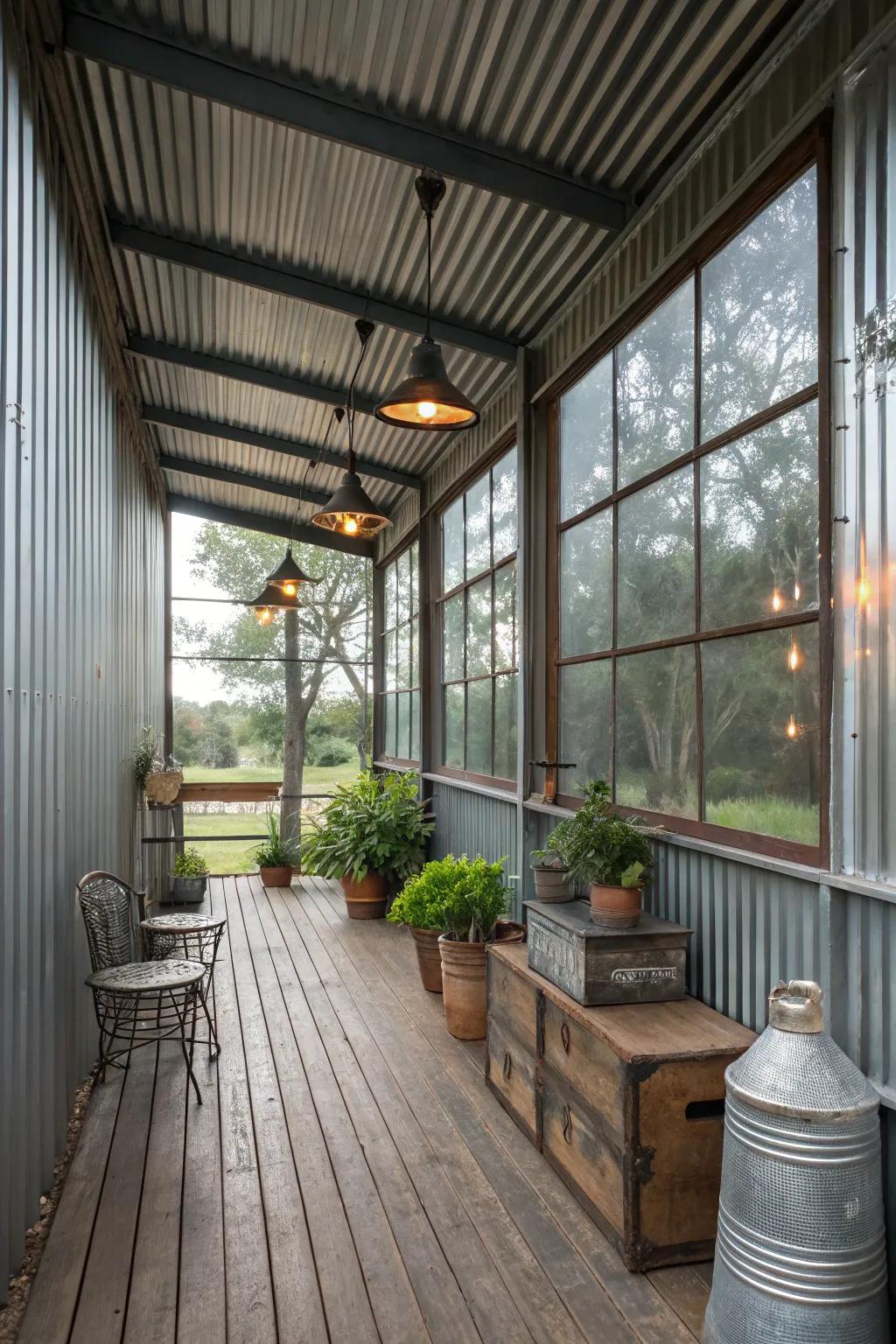 A modern enclosed porch featuring refined metallic siding.
