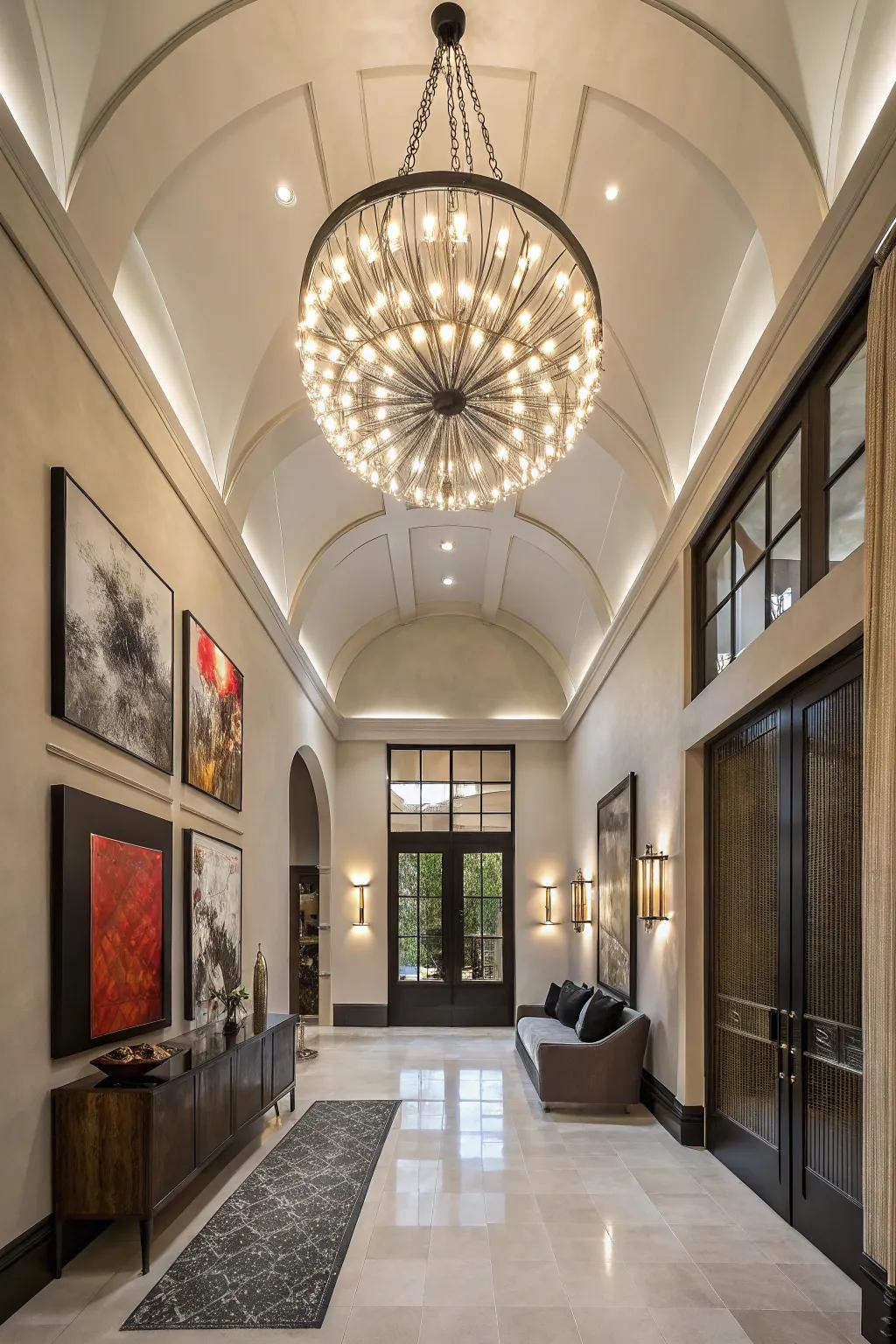 A striking lighting apparatus sets the tone for this stylish entryway.