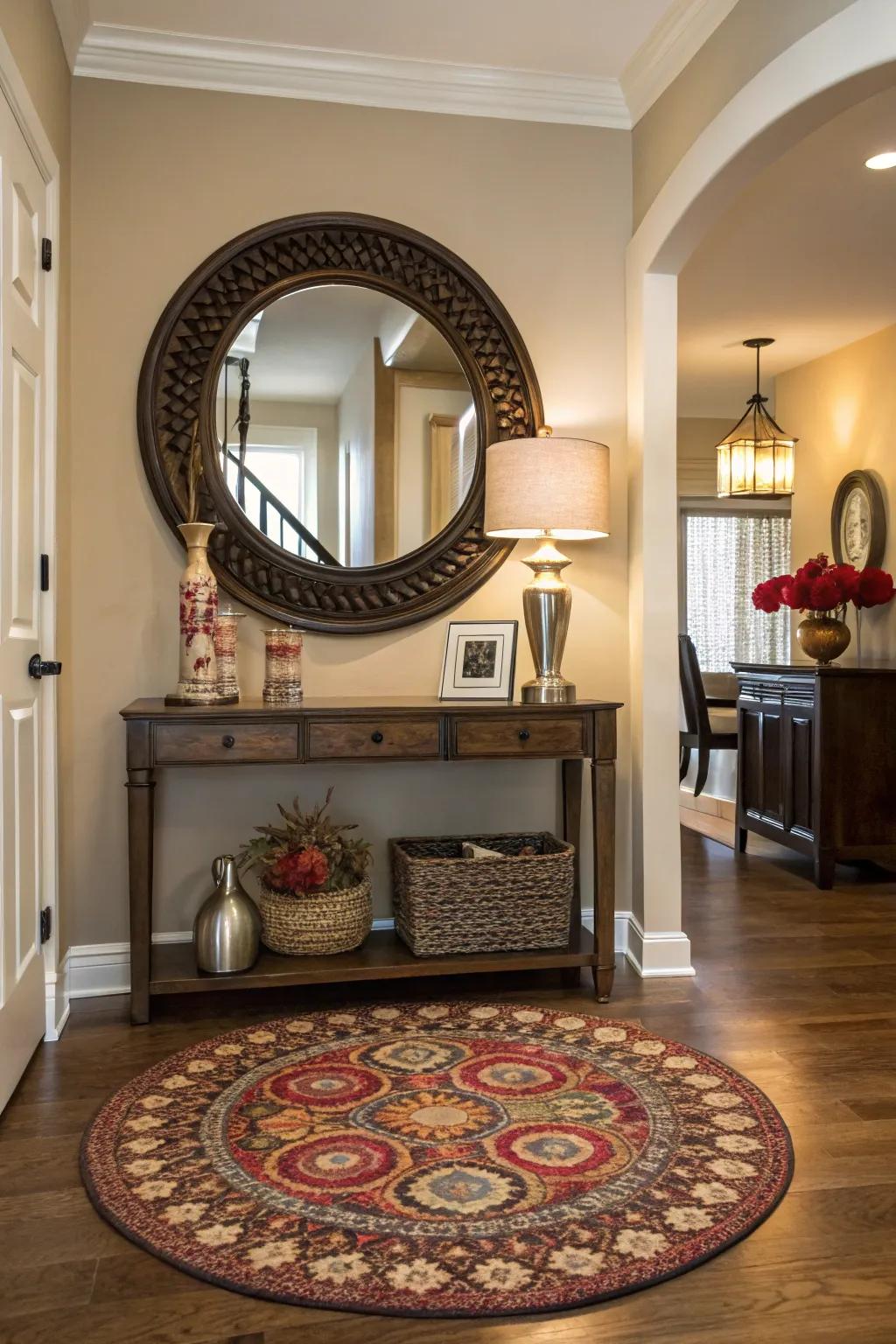 Circular rugs impart stability and an unforeseen twist to any entryway.