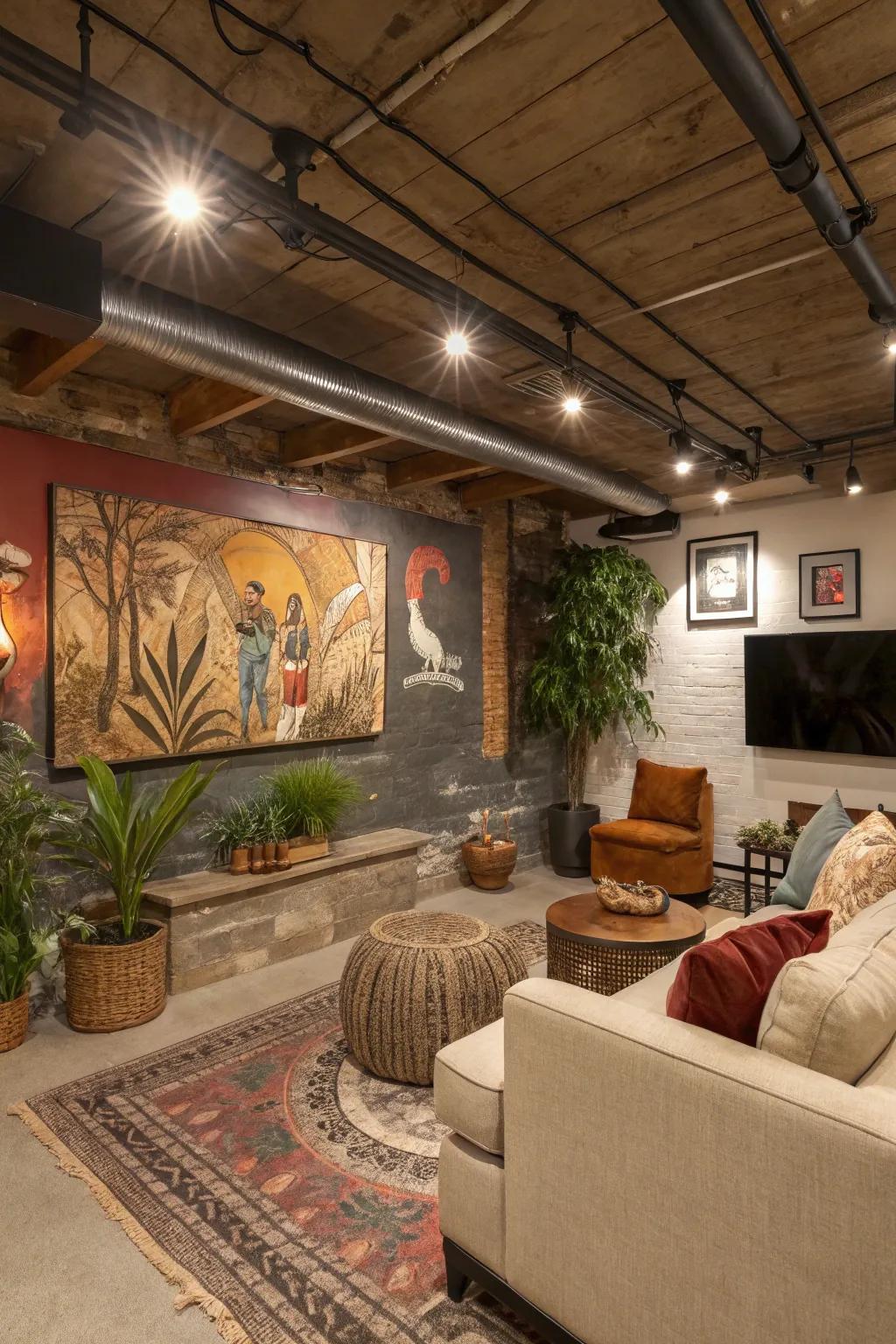 An eye-catching mural highlights the exposed overhead design.