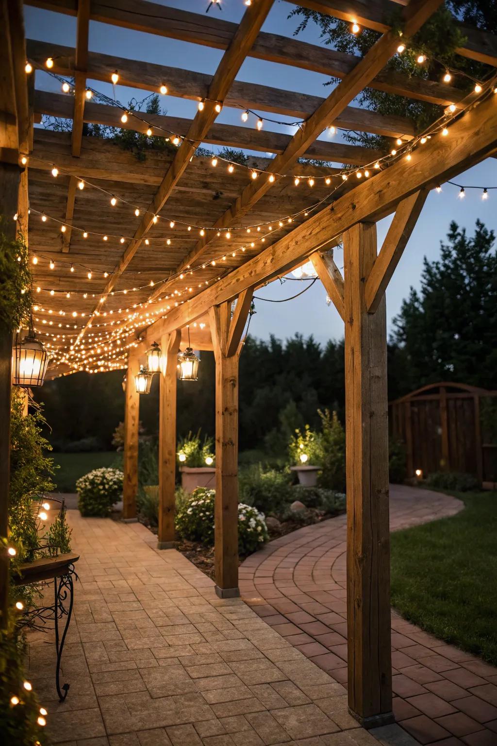 Pergola adorned with twinkle lights offers an inviting retreat.