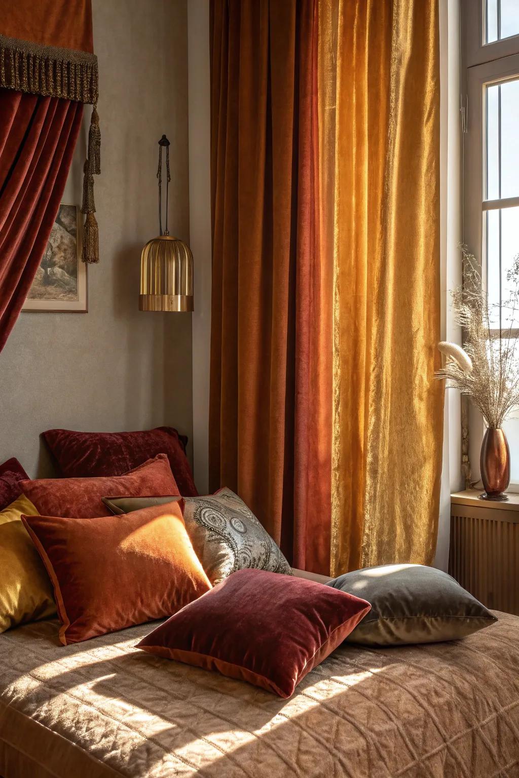 Velvet adds luxury and warmth to your fall bedroom decor.