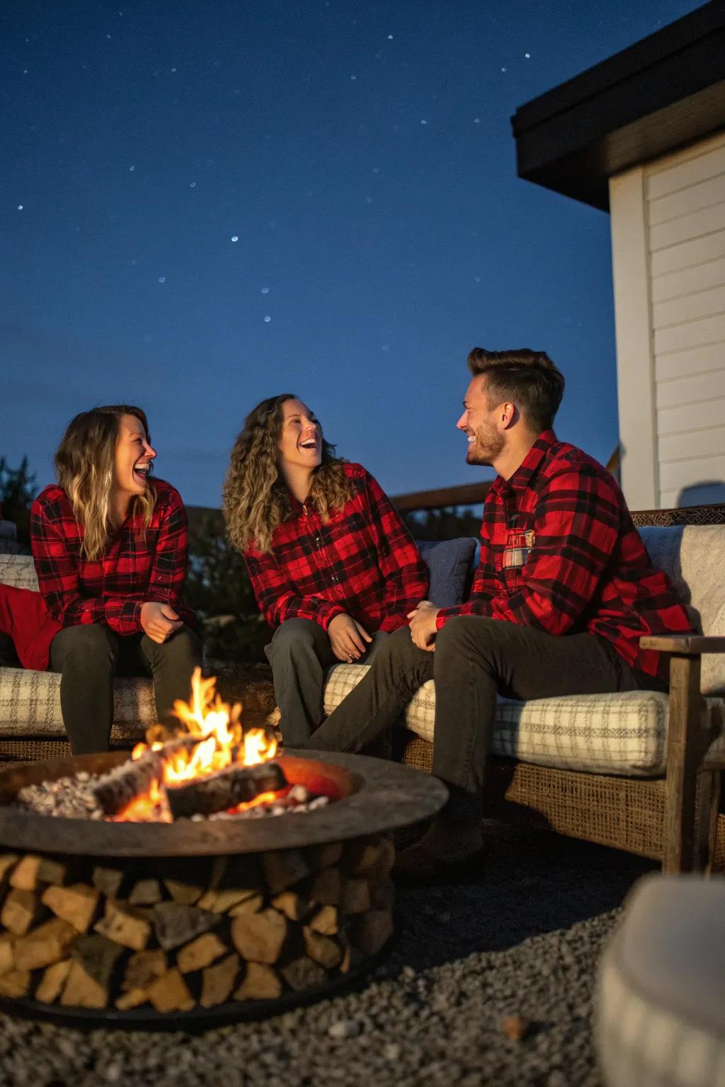 A snug flannel-themed get-together near a fire pit.