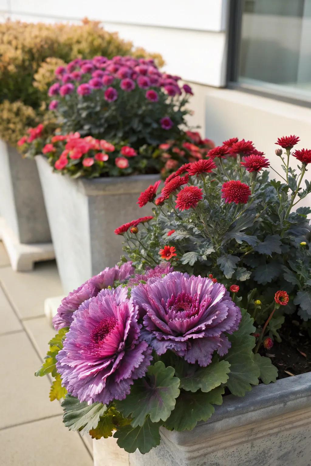 Elegant contrast with mums and ornamental cabbage