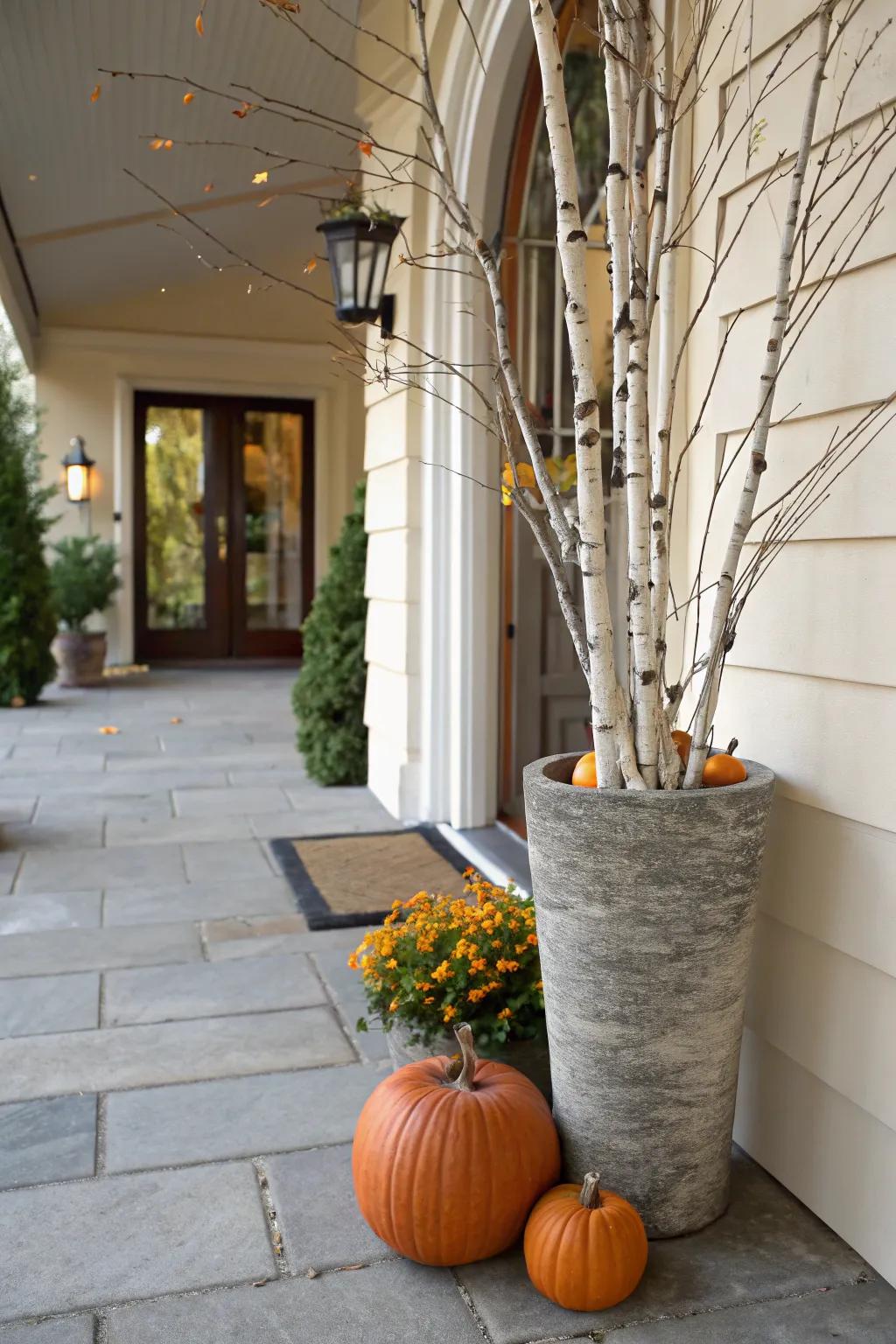 Birch limbs amplify elegance and height within squash holders.