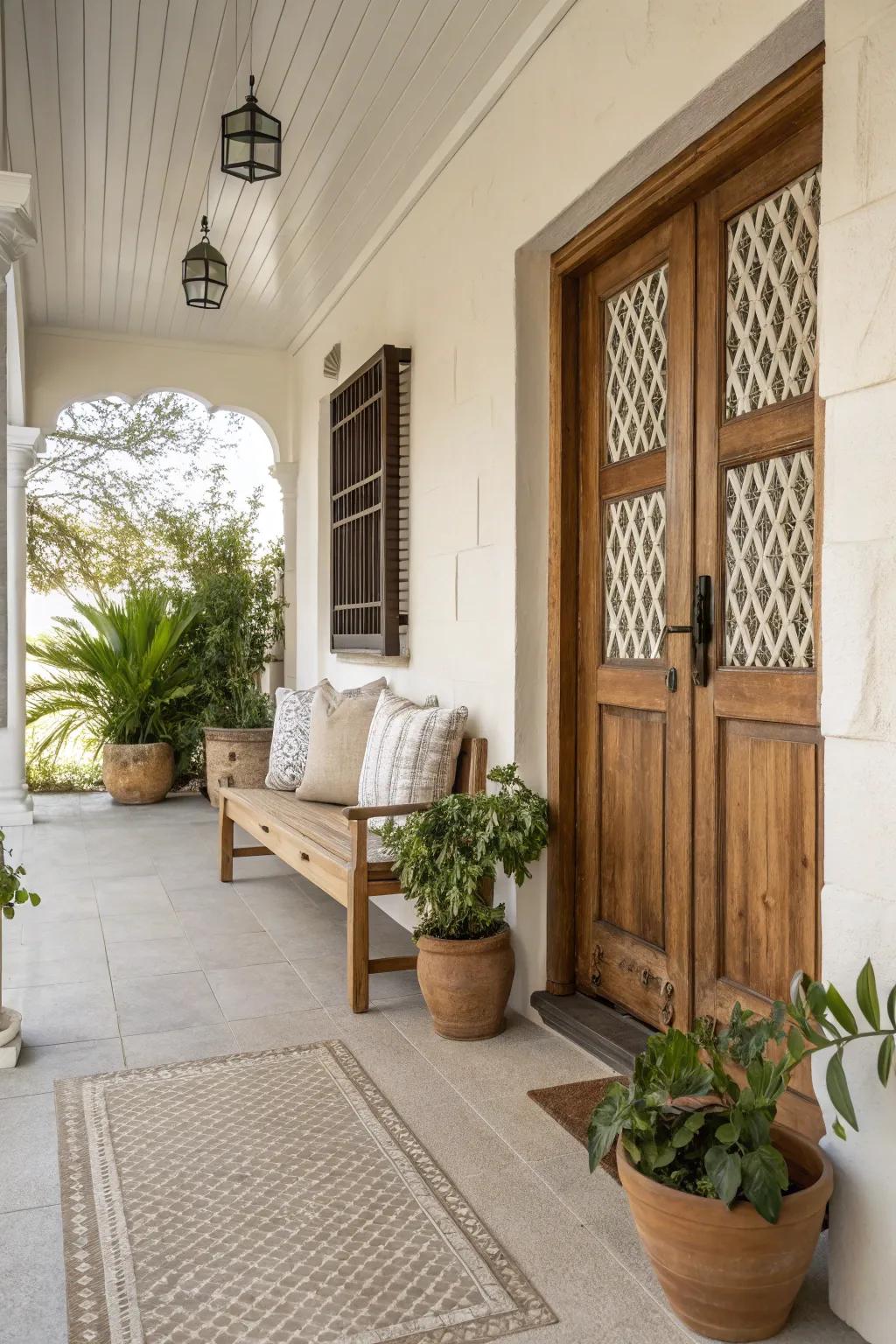 Neutral tones balance vibrant fall colors on your porch.