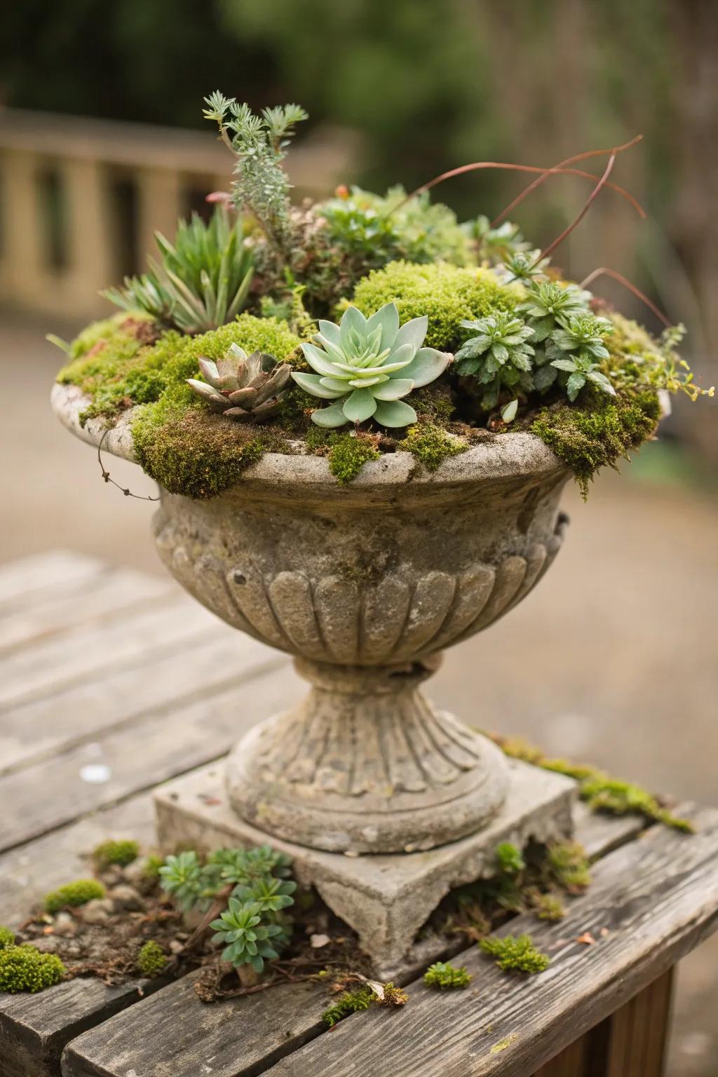 Eccentric fusion of resilient botanicals and forest carpet in an autumn urn.