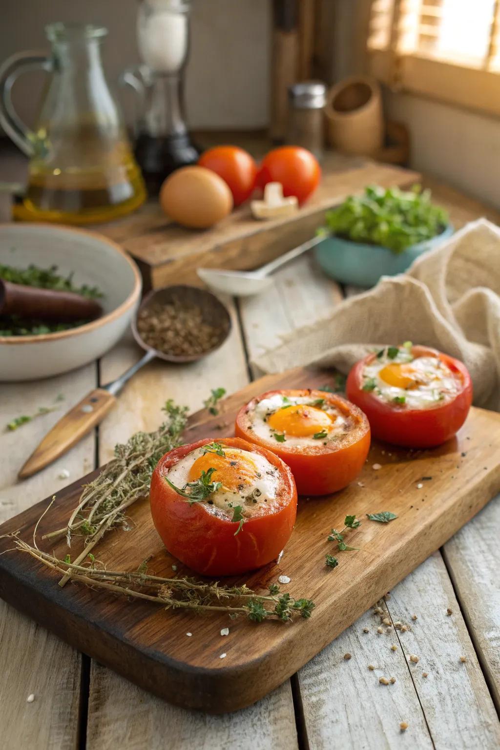 Eggs in tomato shells offer a fresh and juicy twist.