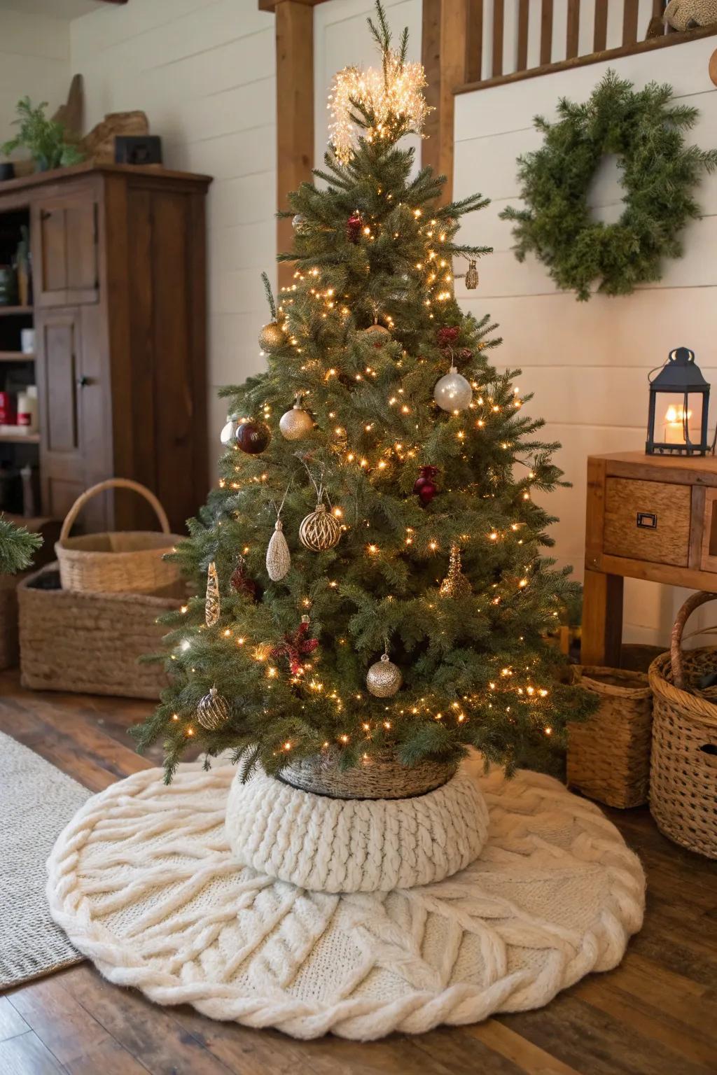 A welcoming tree wrap introduces warmth and texture to this farmhouse Christmas tree.