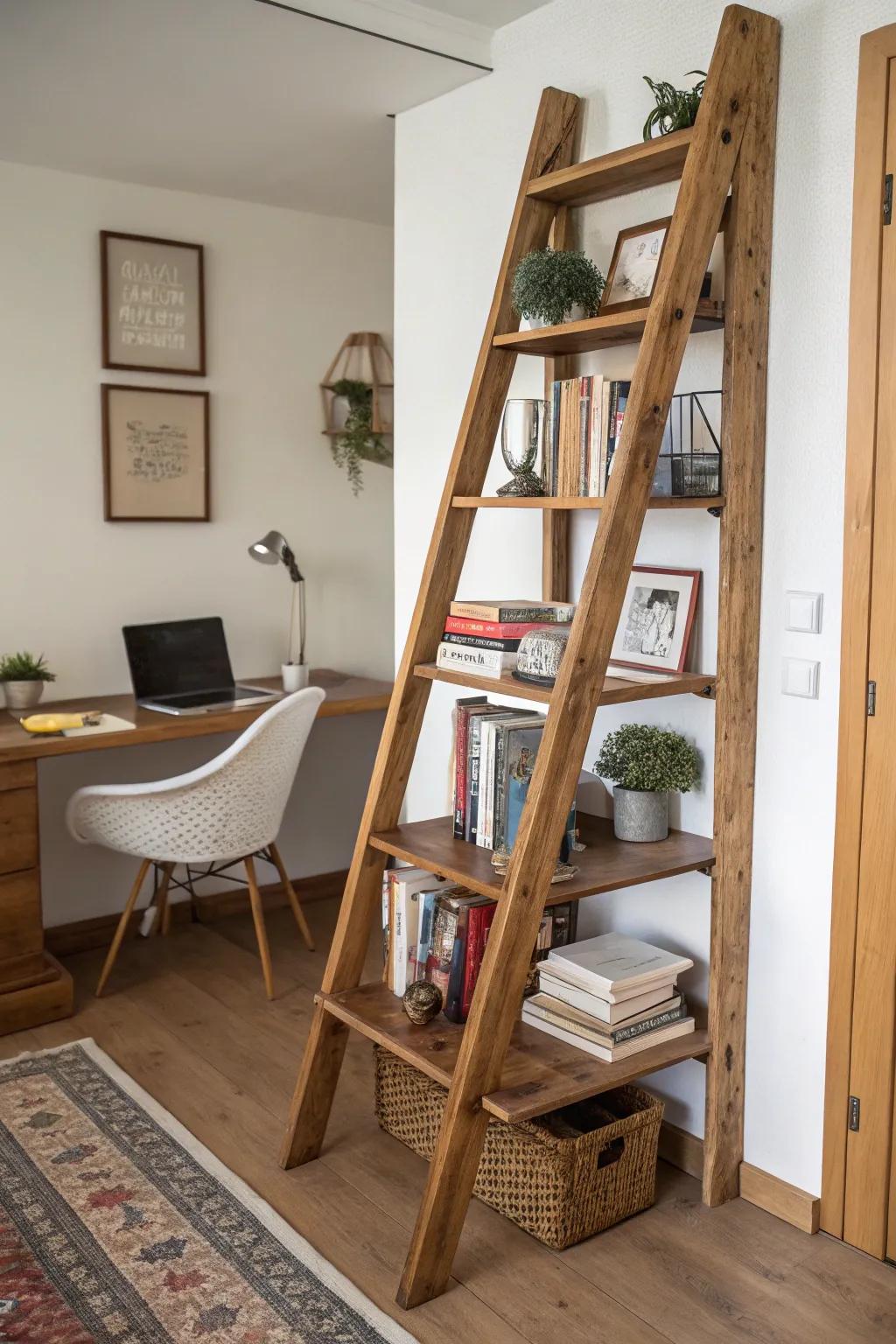 Creative bookshelf made from a wooden ladder