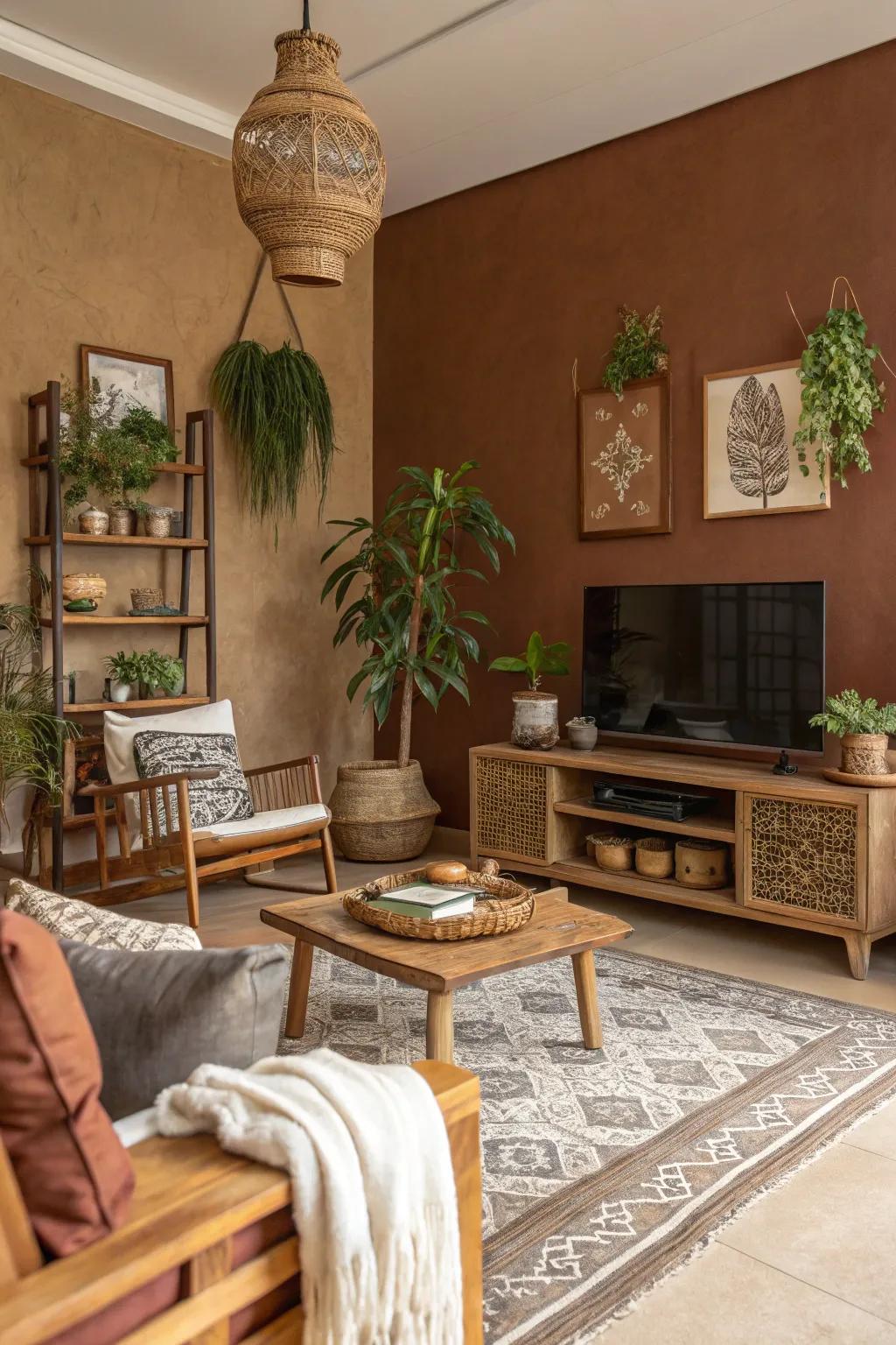 Earth tone walls provide a warm, inviting base.