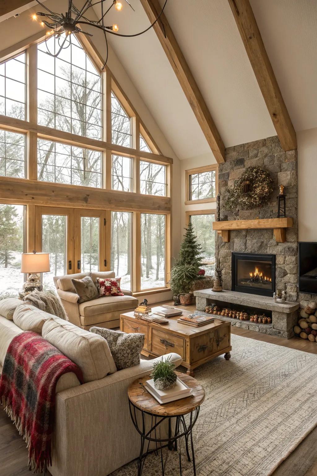 A radiant living room featuring large windows and a vaulted ceiling.