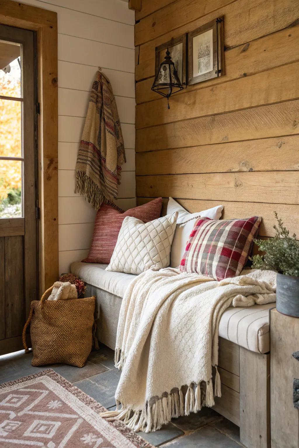 Comforting components with plush throws and pillows.