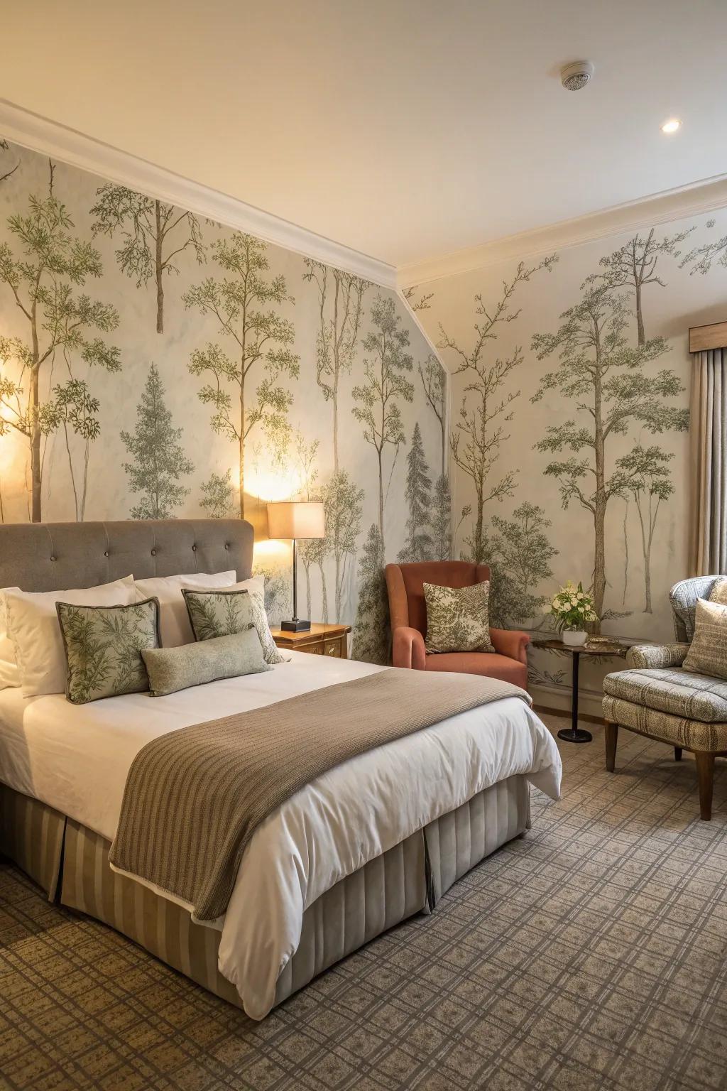 Wallpaper depicting a forest contributes an enchanting atmosphere to the guest bedroom.