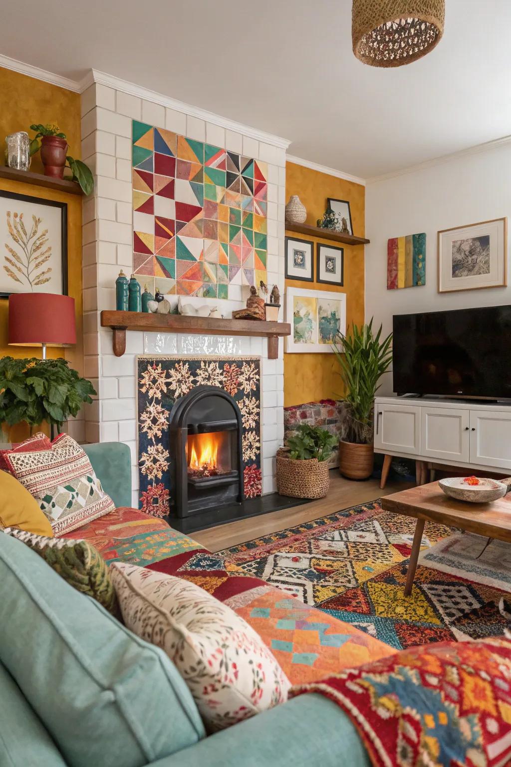 An energetic living space presenting a fireplace embellished with geometric tiling patterns.