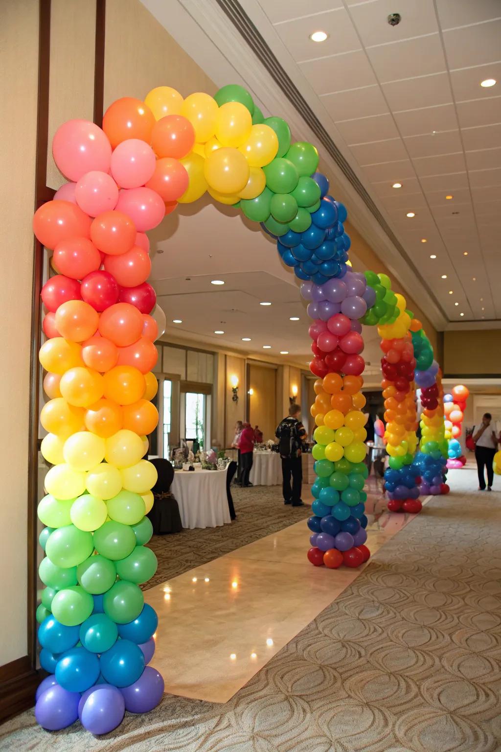 Balloon groupings sprinkle bursts of color across the birthday celebration area.
