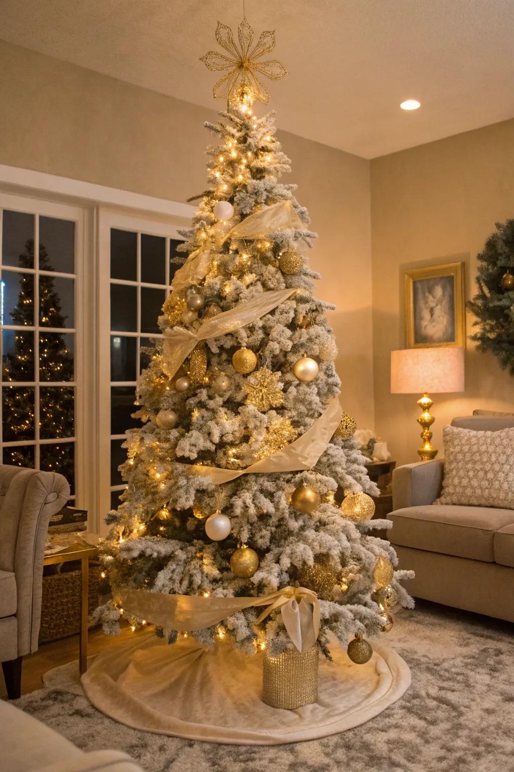 A flocked Christmas tree with a welcoming and snug gold theme.