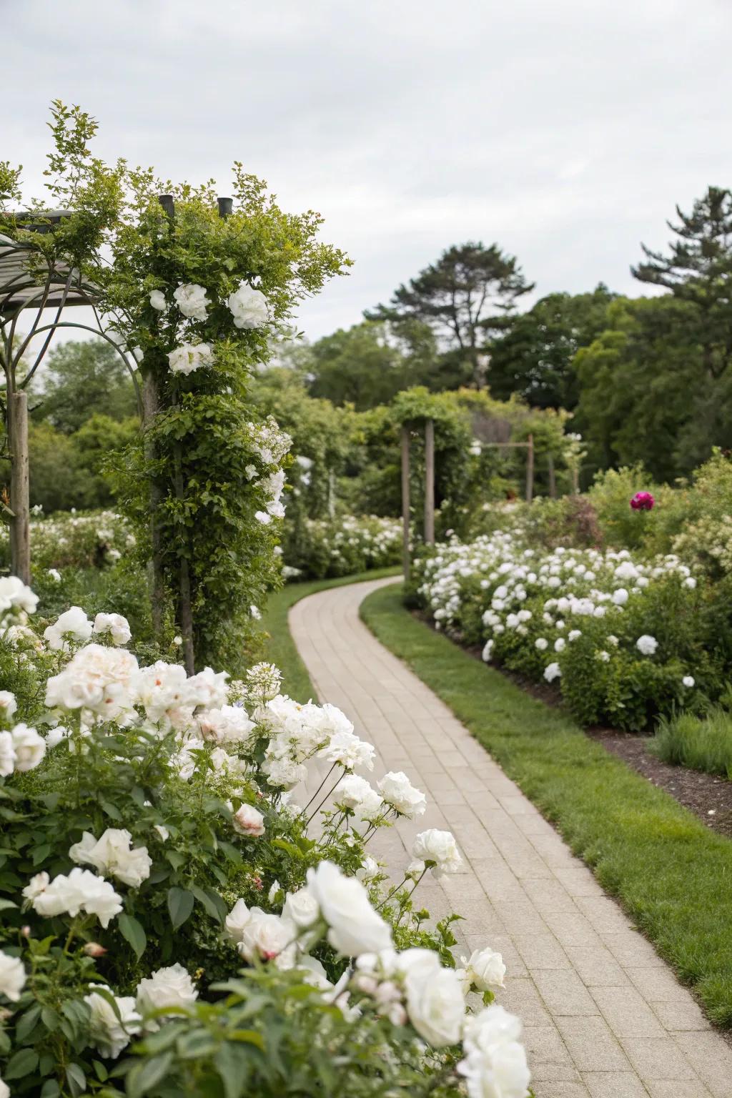 A serene floral border showcasing elegant white blooms and lush green foliage.
