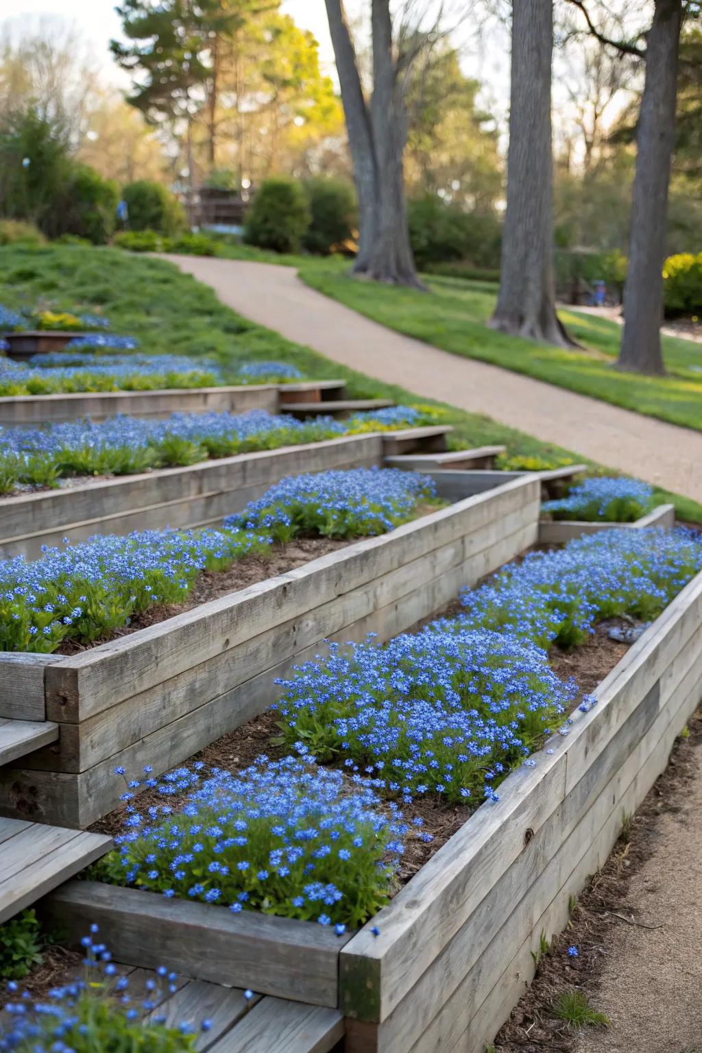 Ascended garden beds present forget-me-nots in a terraced format.