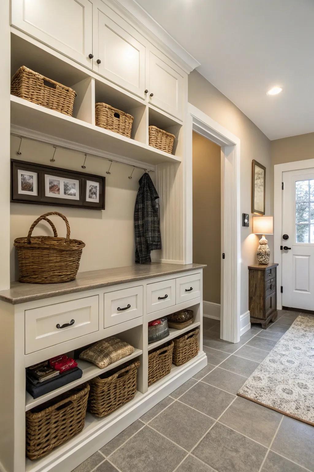 Clever storage solutions can maximize the potential of a compact entryway.