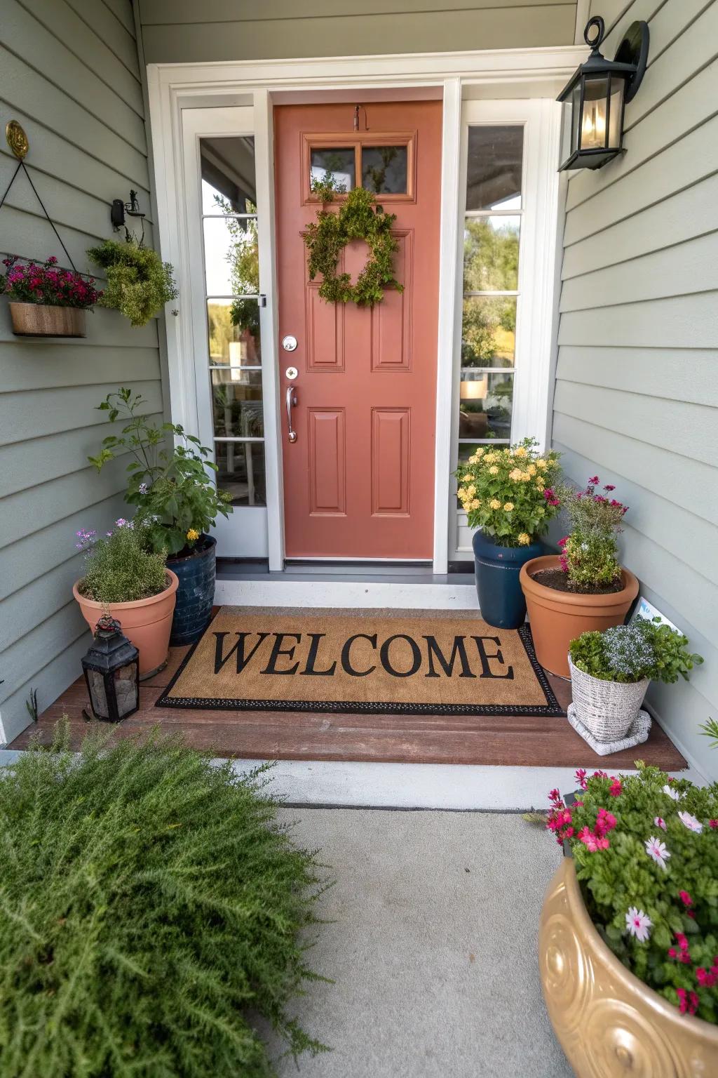 A doormat with a welcoming message at the front door.