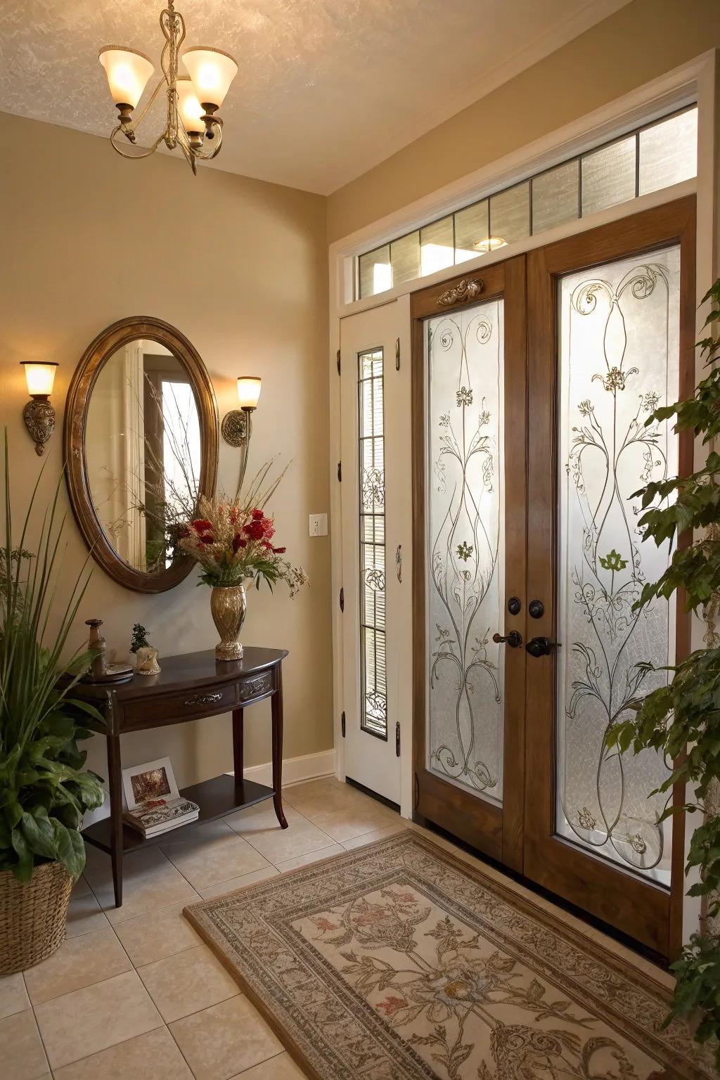A beautifully decorated entryway with integrated privacy features.