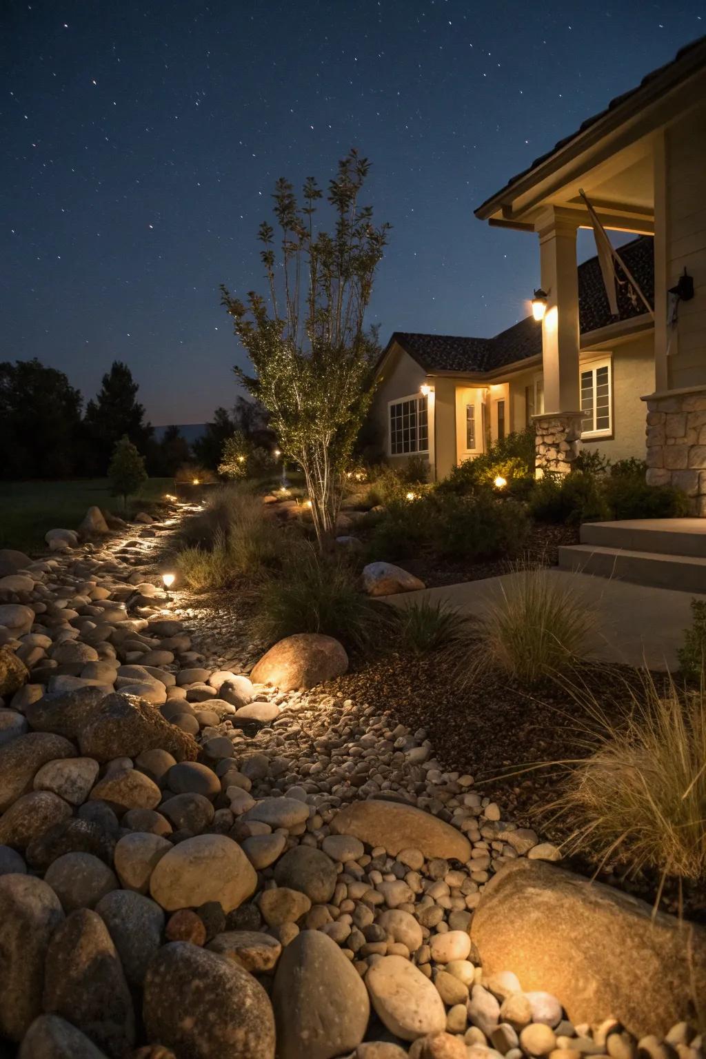 Lighting enriches the visual appeal of river stone landscapes at night.