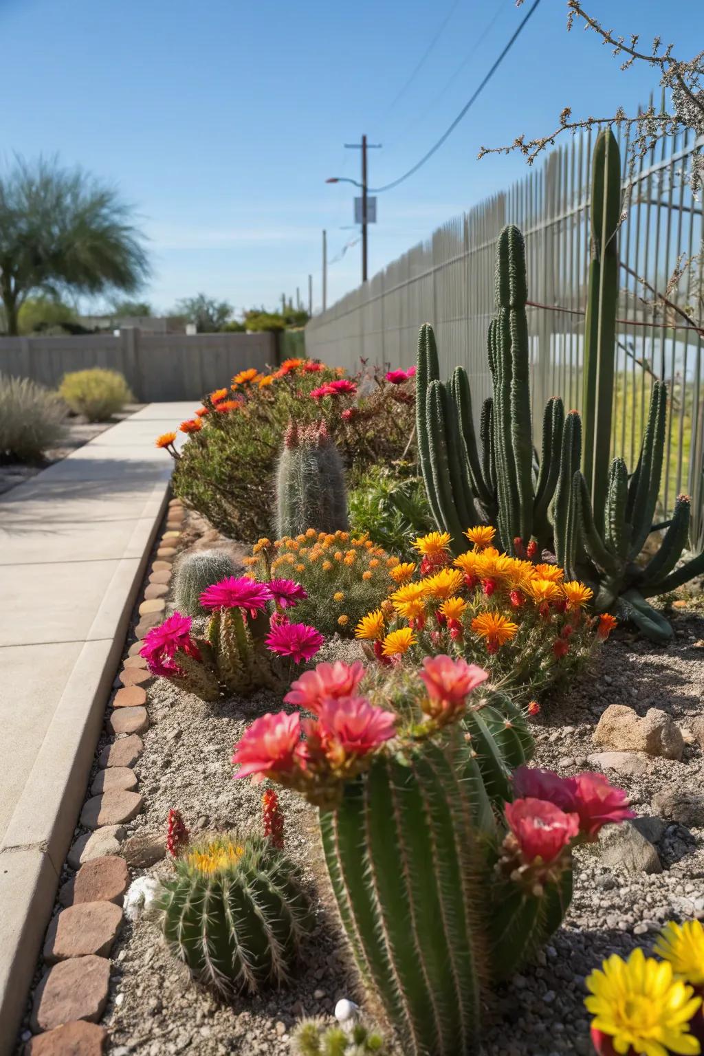 Flowering cacti add a splash of color.