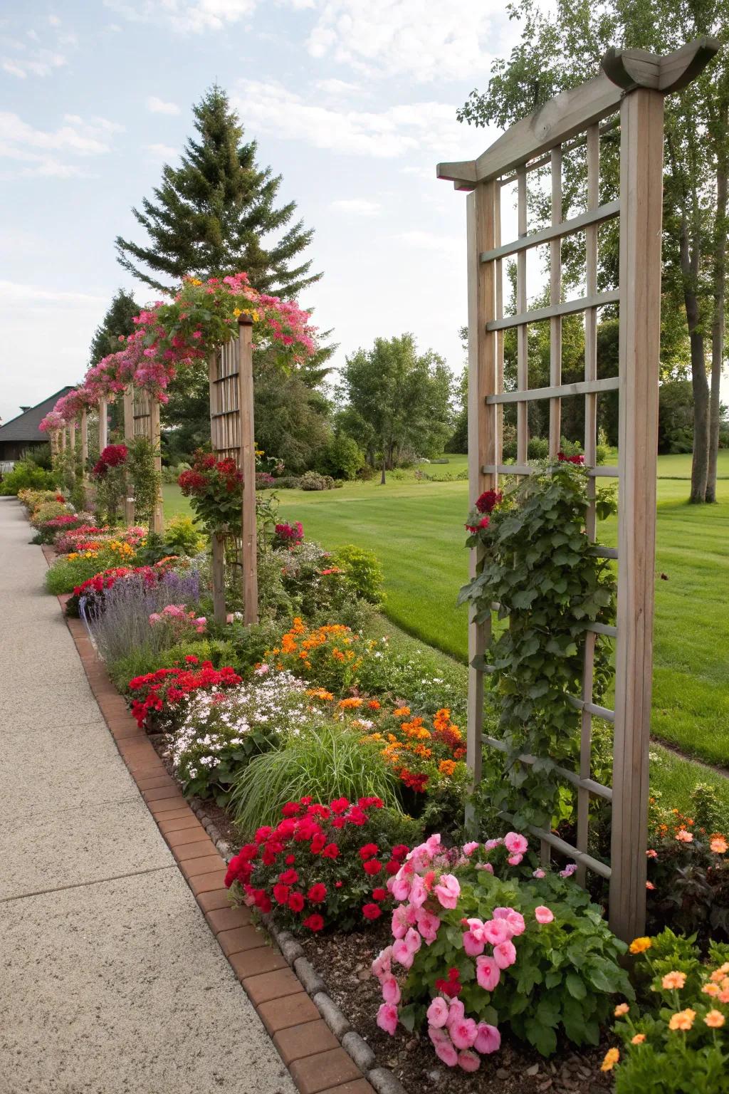 Elevate visual appeal with climbing frames in your flower beds.