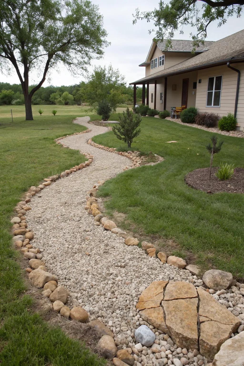 A desiccated watercourse introduces an organic, flowing element to the landscape.
