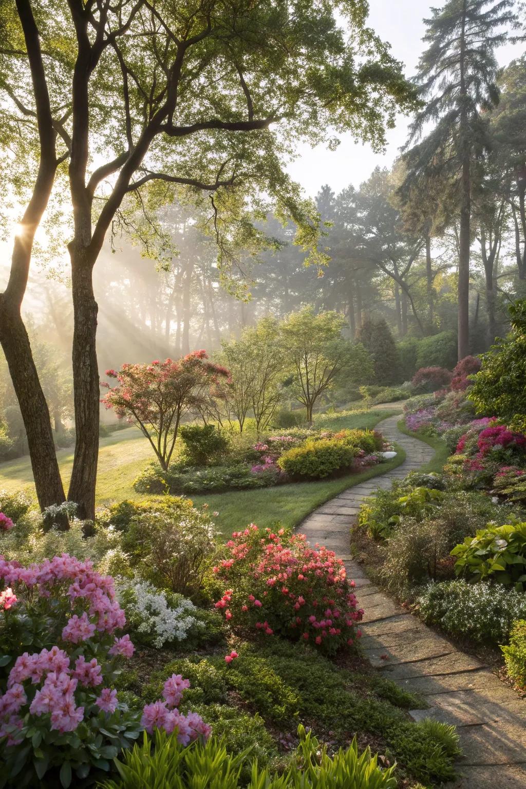 Dappled sunlight creates a dynamic play of shadow and illumination.