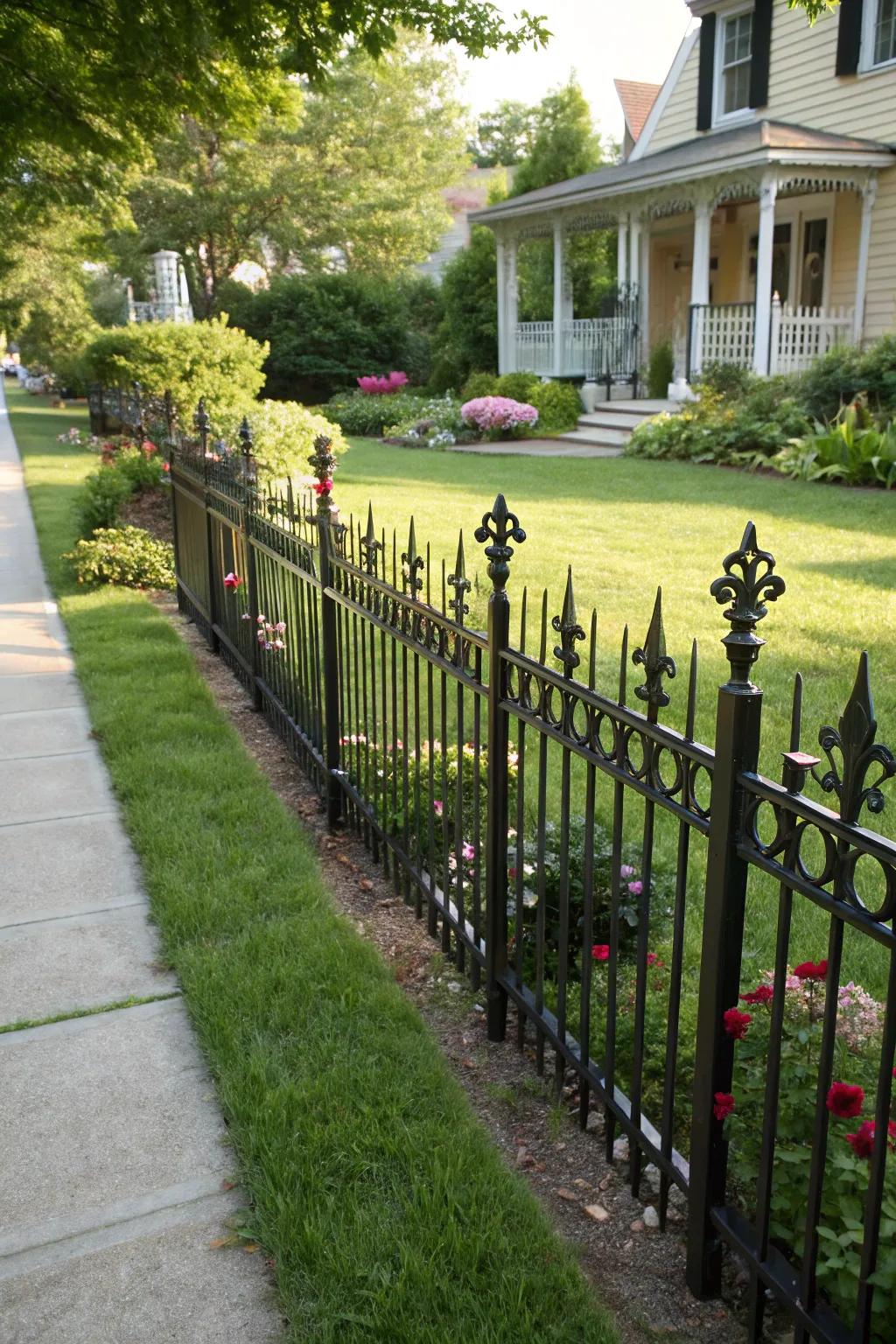 A metal artistry barrier featuring spearhead design elements standing tall in a front yard.