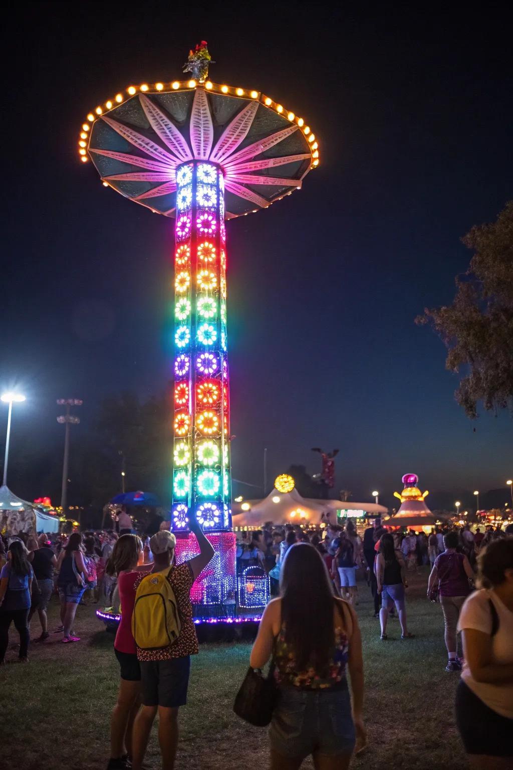 Totems lit with LEDs brighten the night and guide festival companions.