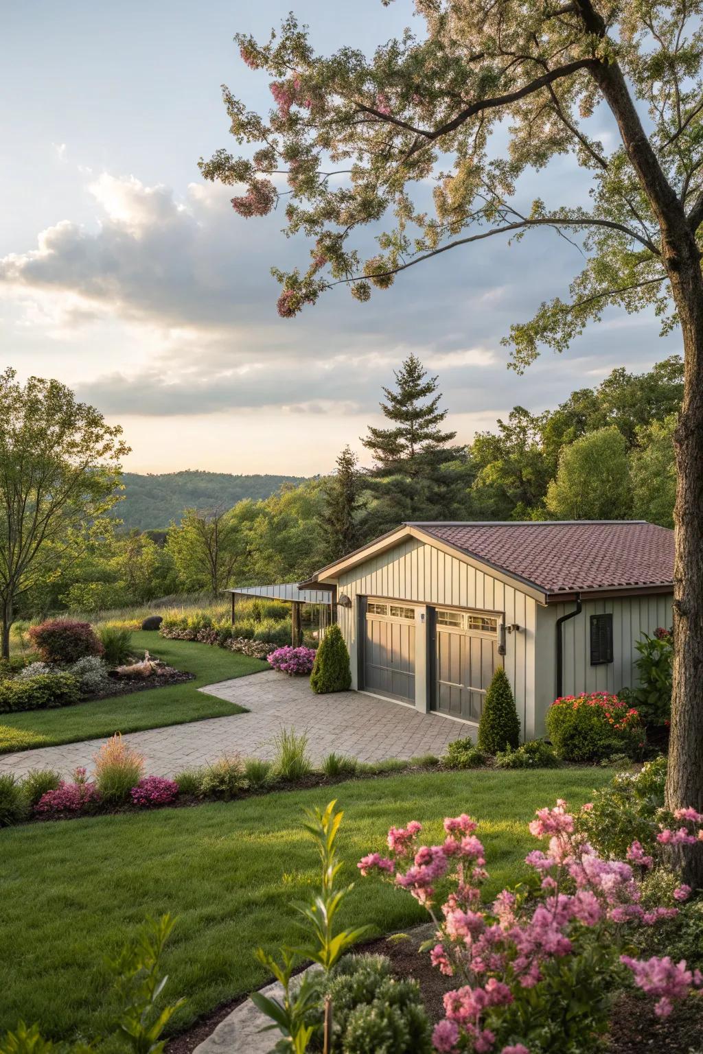 A garage beautifully integrated with its surroundings through lush landscaping.