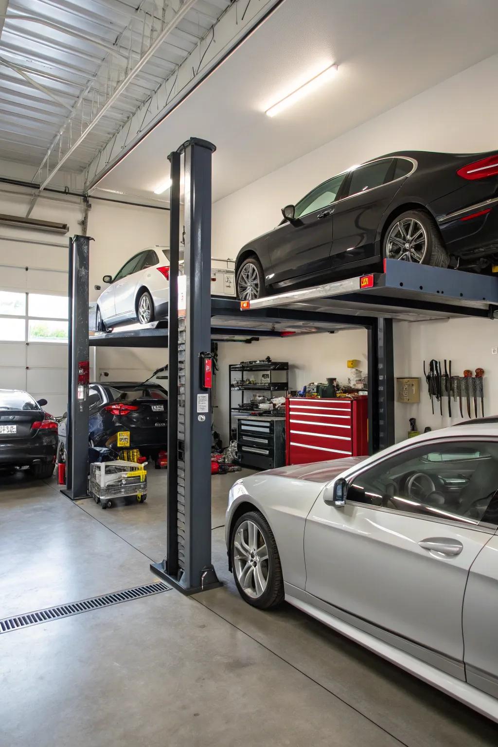 Multi-vehicle storage hoists efficiently manage car collections.