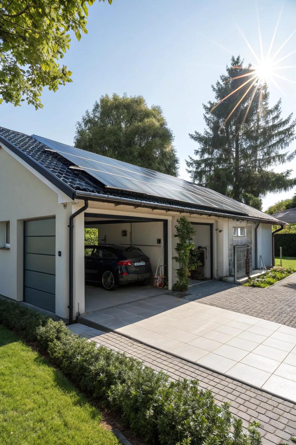 Sun-powered collectors seamlessly integrated into a garage roof addition.