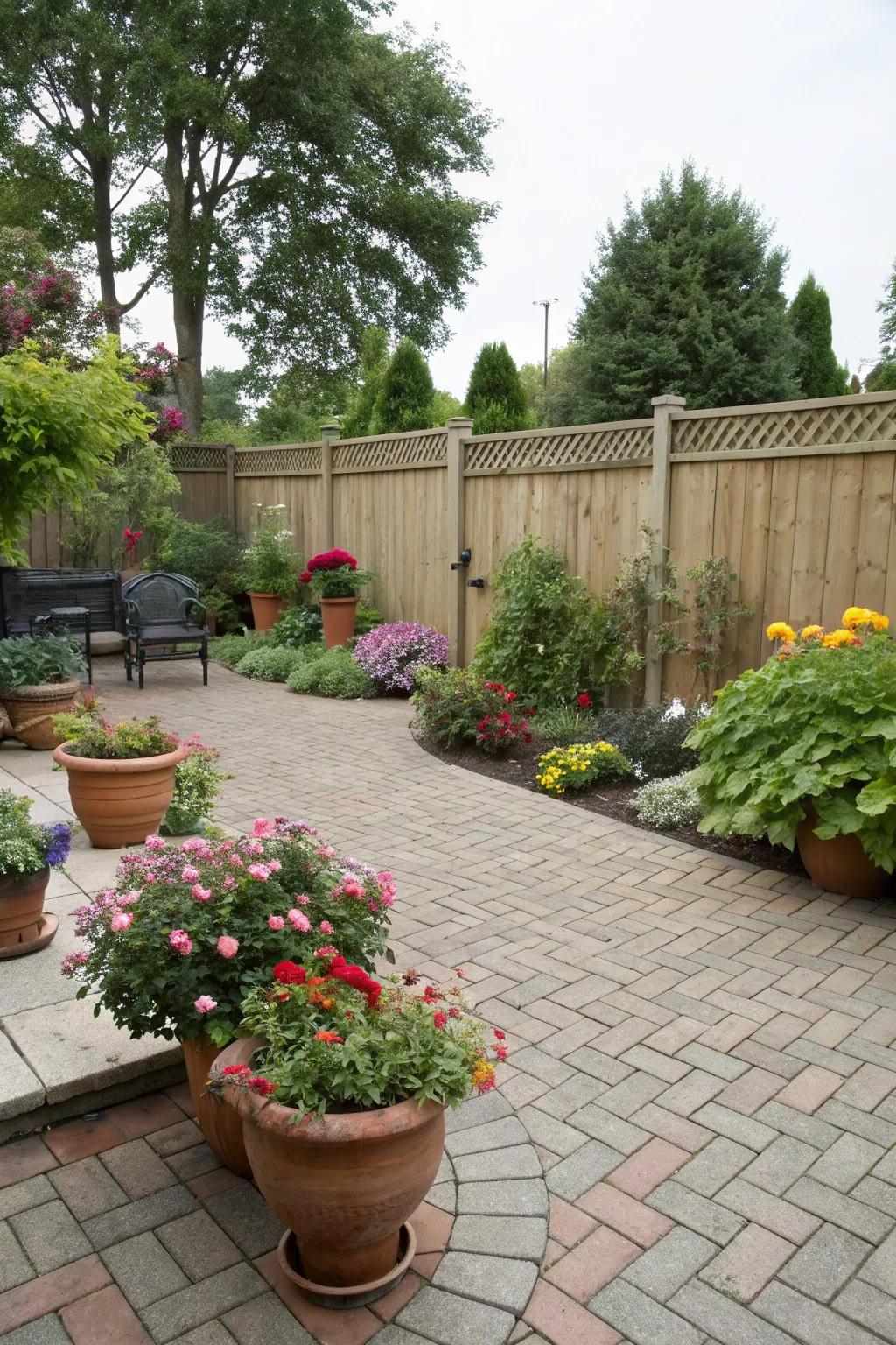 A classic brick patio, conducive to both outdoor dining and leisure.