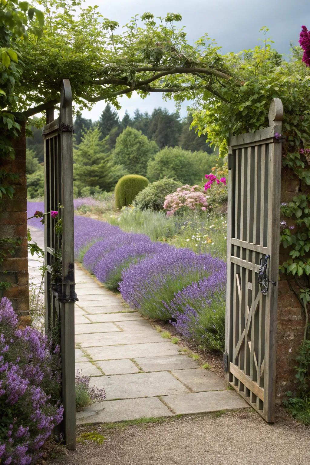 Garden gate ushering to a scented lavender-bordered pathway.