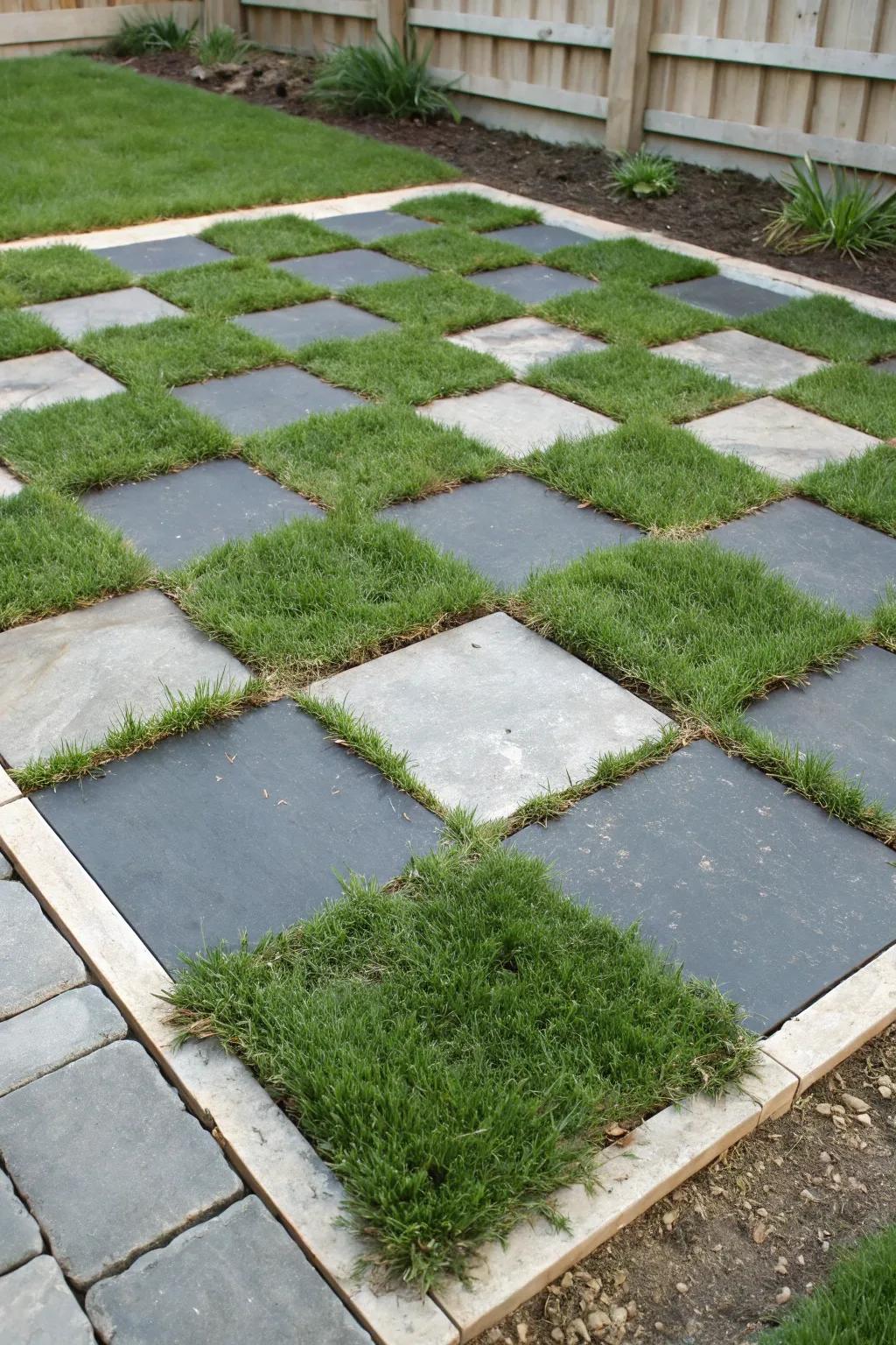 Inject a whimsical twist into your garden with a checkerboard pattern utilizing stone fragments.